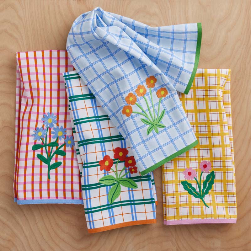 Floral Plaid Kitchen Towel Sets - Green, Set of 2