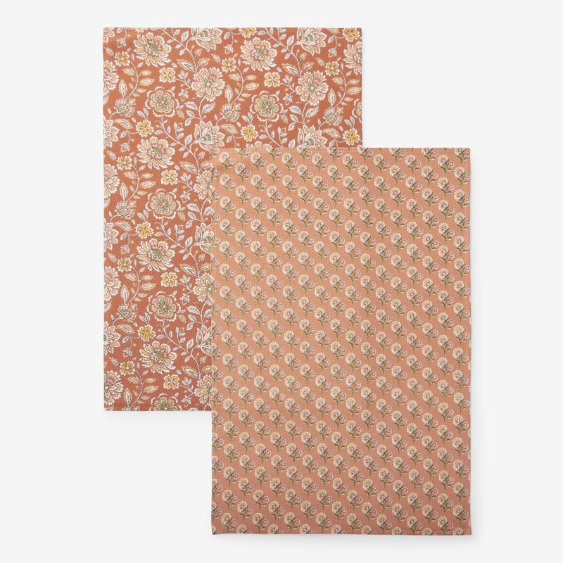 Mix & Match Printed Cotton Tea Towels, Set of 2 - Red Clay And Rust