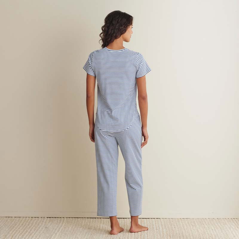 Yarn-Dyed Stripe Pima Cotton Women's Cropped Pajama Set - Navy/White, XS