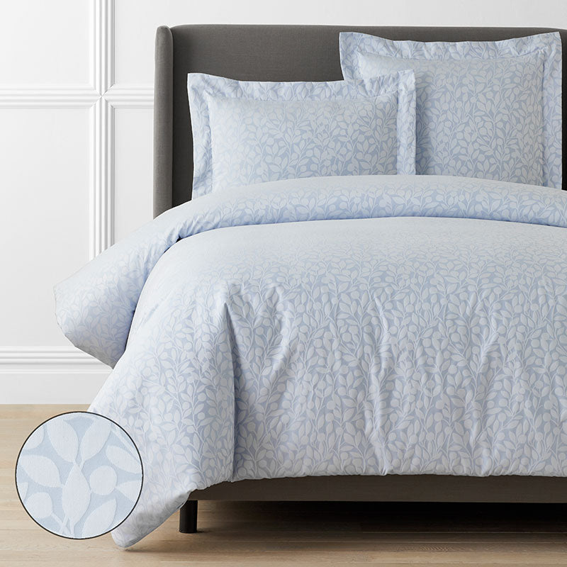 Jacquard Leaf Yarn-Dyed Premium Smooth Supima® Cotton Wrinkle-Free Sateen Duvet Cover - Blue Shadow, Full