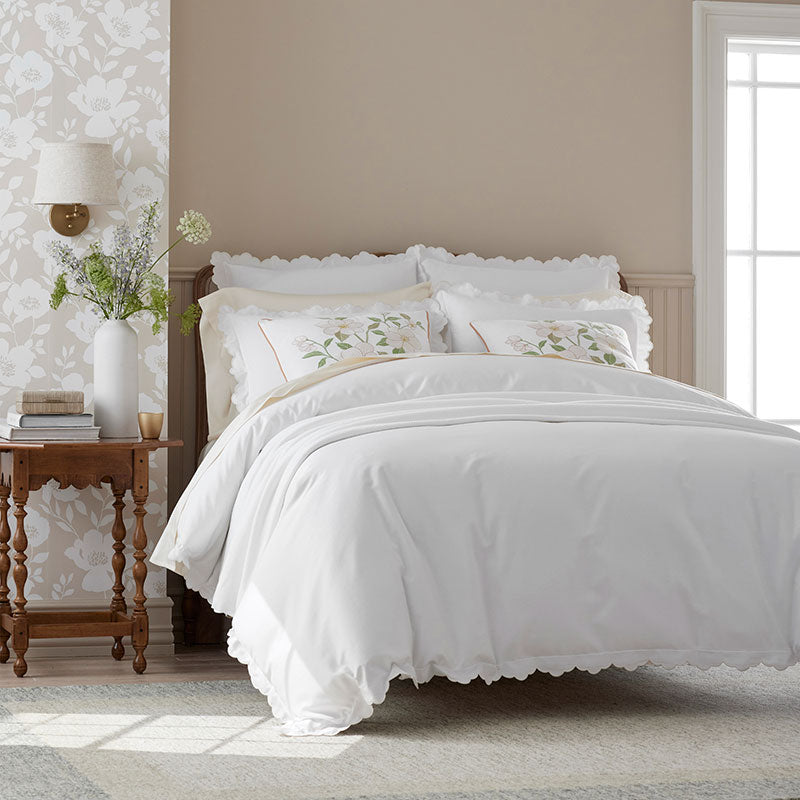 Embroidered Scallop Classic Smooth Sateen Solid Sham - Ivory, Standard