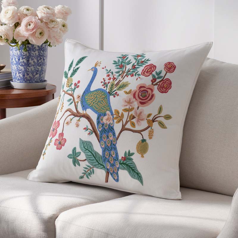 Peacock Decorative Square Pillow Cover - Ivory