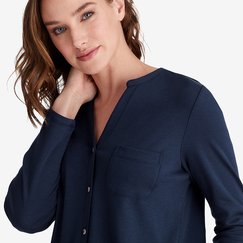 Pima Cotton Women's Button-Down Pajama Set - Navy, L