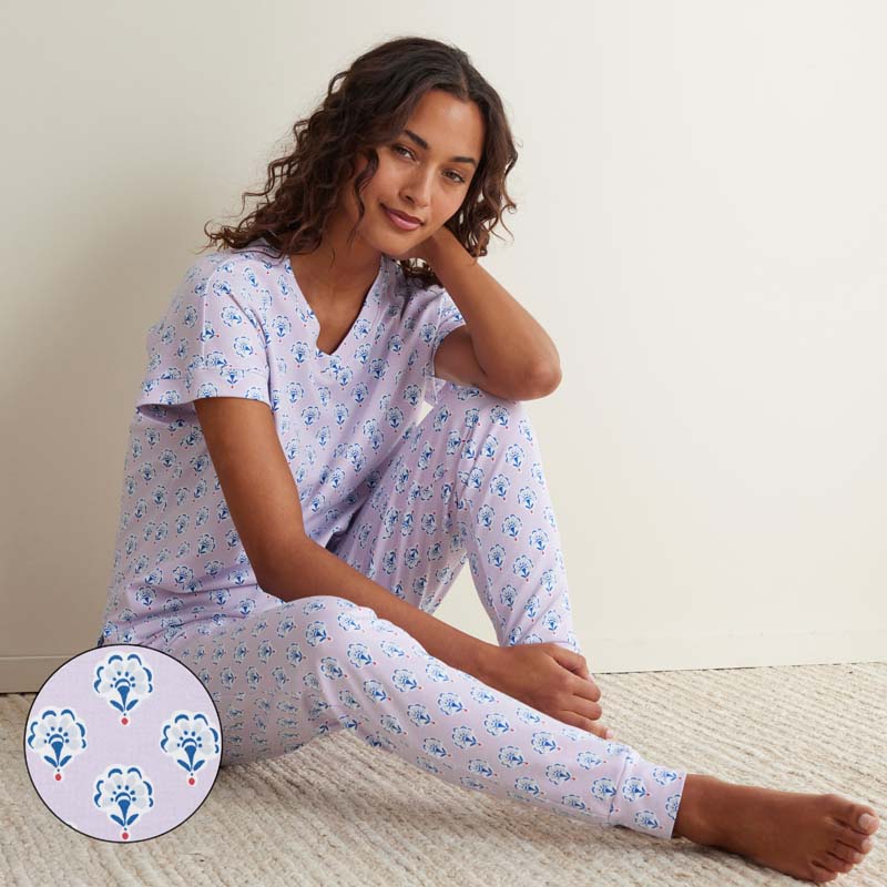Printed Peruvian Cotton Women's Jogger Pants Pajama Set - Petite Floral, S