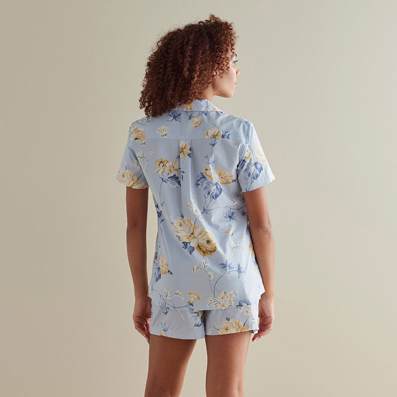Printed Poplin Women's Shorts Set - Blue Floral, XL