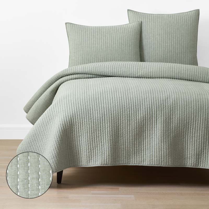 Fara Textured Kantha Quilt - Green, King/Cal. King