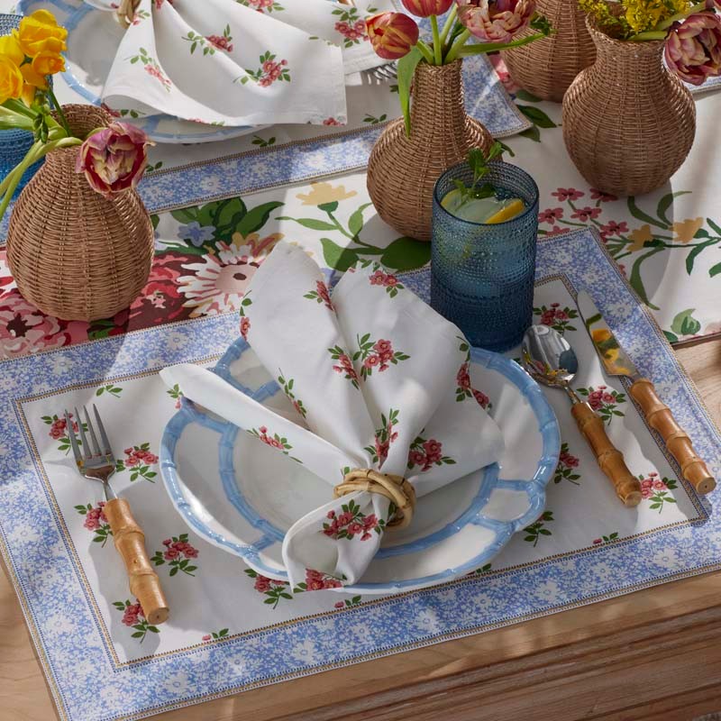 Faux Bamboo Border Melamine Dinner Plates, Set of 4 - Light Blue