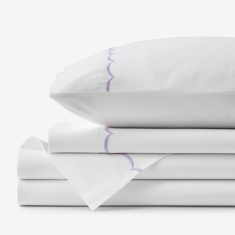 Embroidered Scallop Classic Cool Cotton Percale Bed Sheet Set - Lavender, King