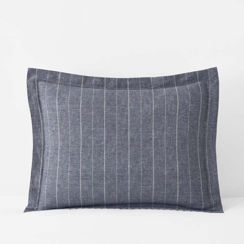 Tailored Stripes Premium Breathable Washed Linen Cotton Reversible Sham - Wide Stripe Deep Navy, Standard
