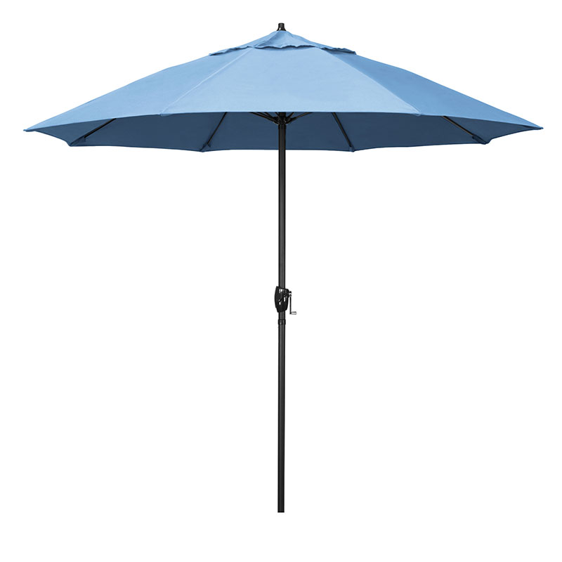 Round Outdoor Patio Umbrella, Aluminum with Auto Tilt Crank - Black Finish, Air Blue, 9'