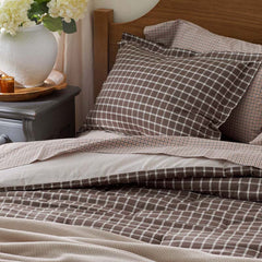 Classic Stripes and Plaids Cool Yarn-Dyed Cotton Percale Reversible Comforter - Windowpane Brown, Twin/Twin XL