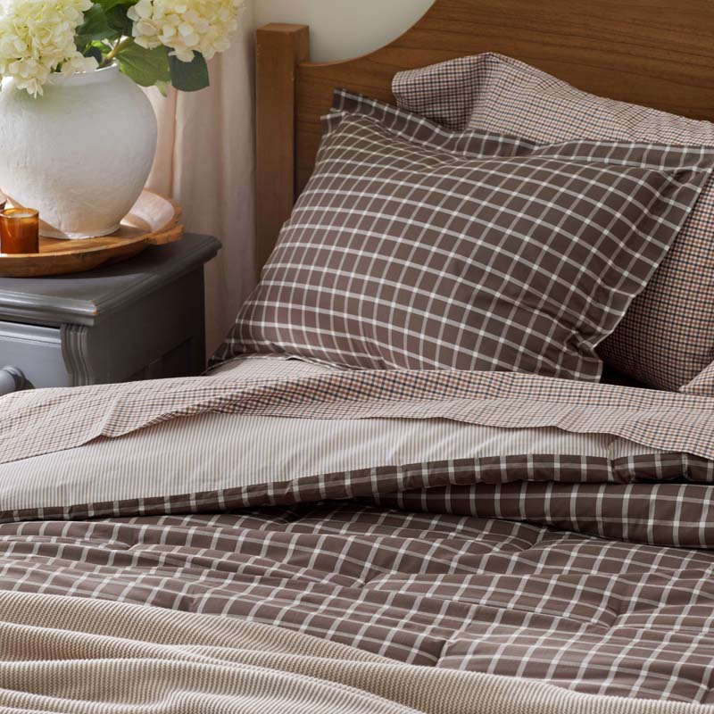 Classic Stripes and Plaids Cool Yarn-Dyed Cotton Percale Reversible Comforter - Windowpane Brown, King/Cal. King