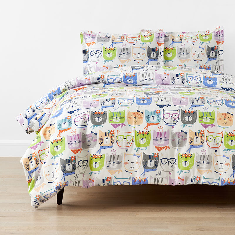 Stylish Cats Classic Cool Organic Cotton Percale Duvet Cover Set - White Multi, Twin/Twin XL