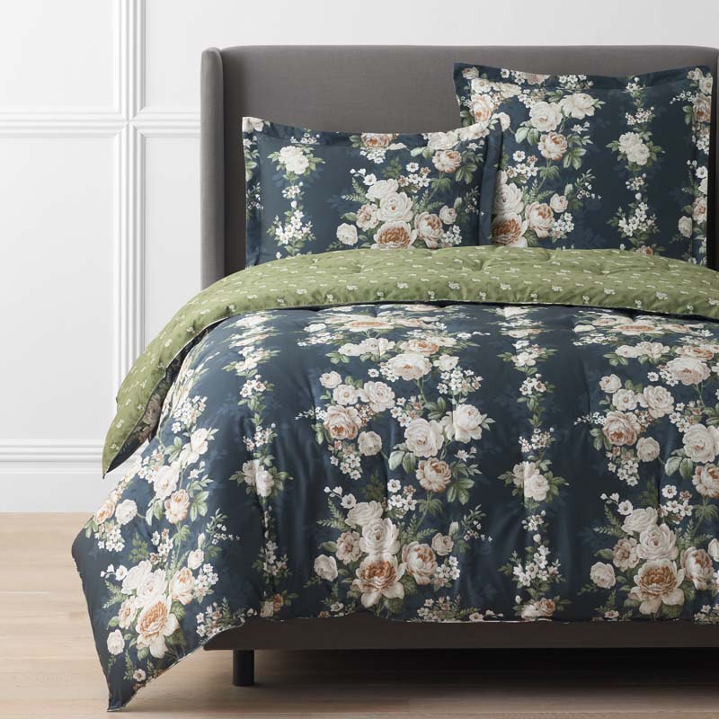 Blooming Melody Reversible Premium Smooth Wrinkle-Free Sateen Comforter - Green Multi, Full/Queen