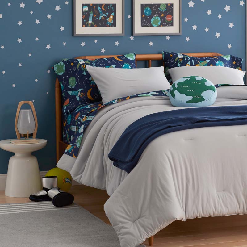 Planets and Rockets Classic Cool Organic Cotton Percale Bed Sheet Set - Navy Multi, Full