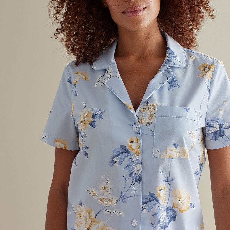 Printed Poplin Women's Shorts Set - Blue Floral, XS