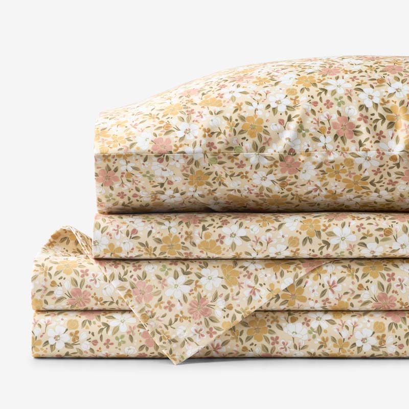 Joyful Floral Classic Smooth Sateen Bed Sheet Set - Gold, King