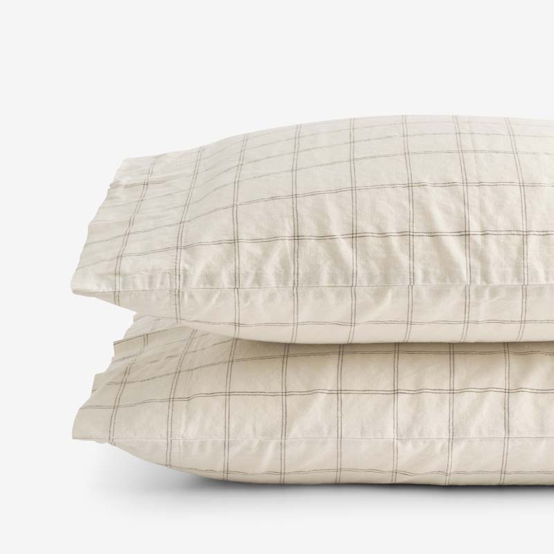 Tailored Stripes and Plaids Premium Breathable Washed Linen Cotton Pillowcase Set - Windowpane Dark Brown, King