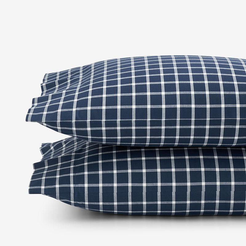 Classic Stripes and Plaids Cool Yarn-Dyed Cotton Percale Pillowcase Set - Windowpane White/Navy, King