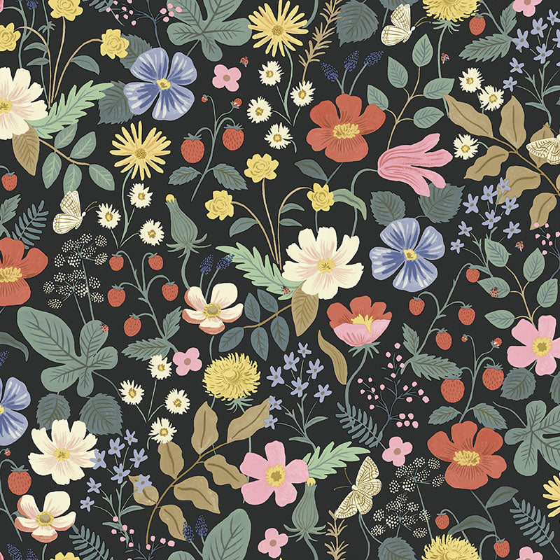 Strawberry Fields Traditional Wallpaper - Black, Swatch