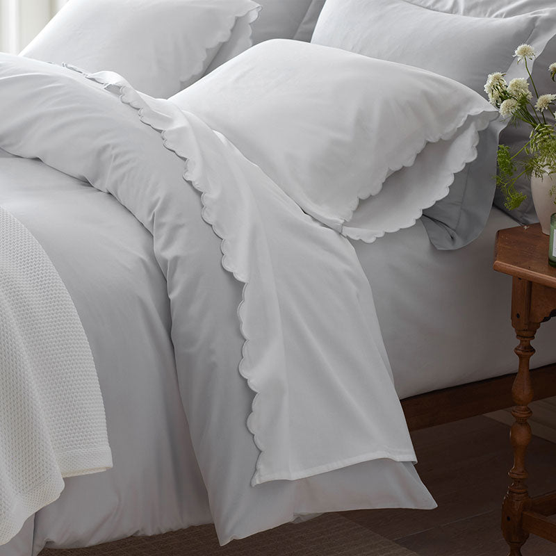 Embroidered Scallop Classic Smooth Sateen Solid Pillowcase Set - Light Gray, King