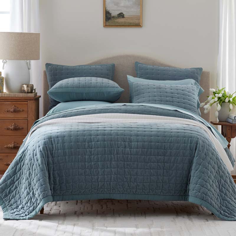 Tufted Stitch Velvet Quilt - Mineral Blue, King/Cal. King