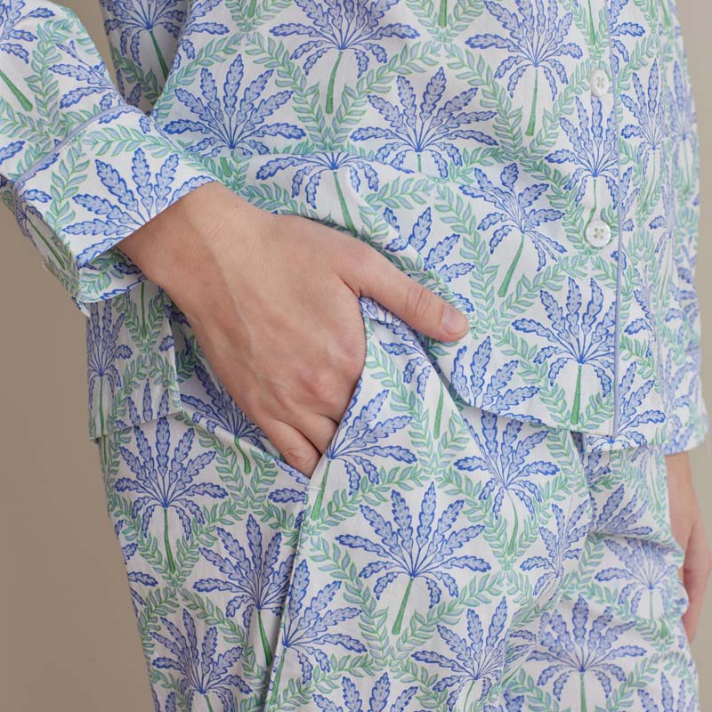Printed Poplin Women's Button-Down Pajama Set - Blue Palm, L