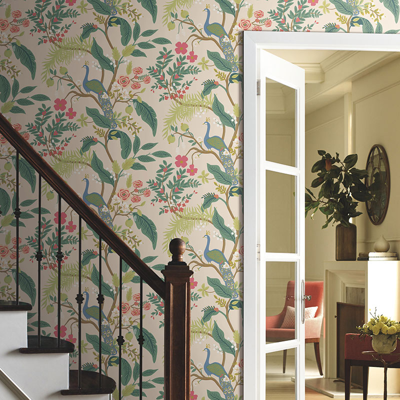 Peacock Traditional Wallpaper - Light Pink, Roll
