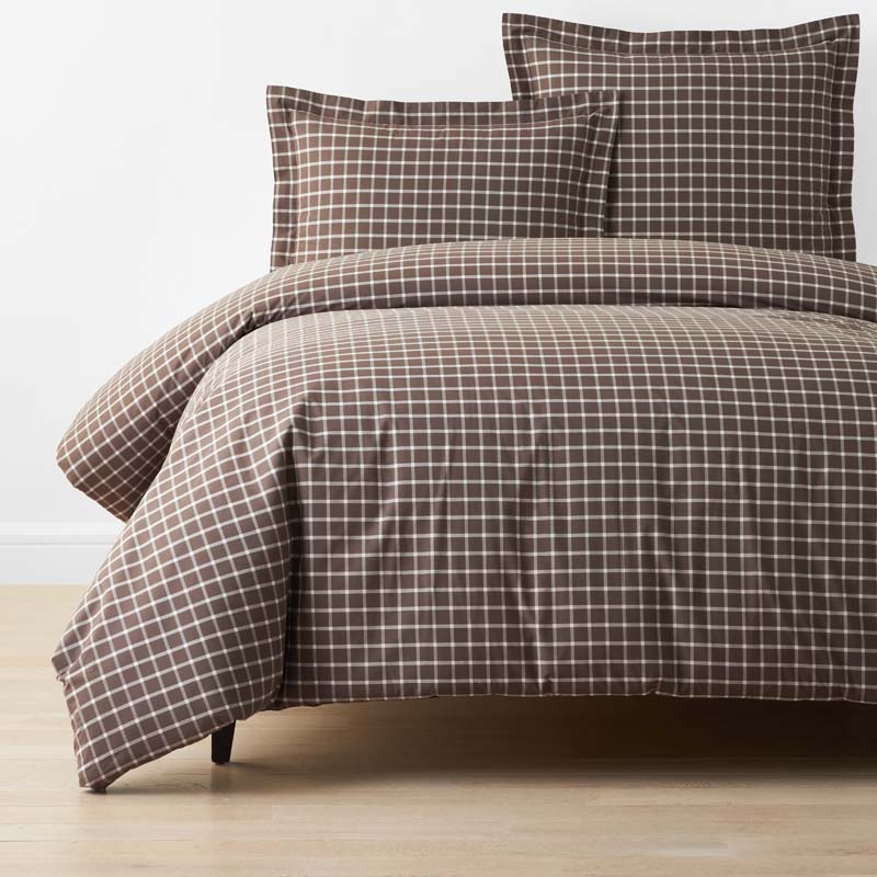 Classic Stripes and Plaids Cool Yarn-Dyed Cotton Percale Duvet Cover - Windowpane Brown, Full