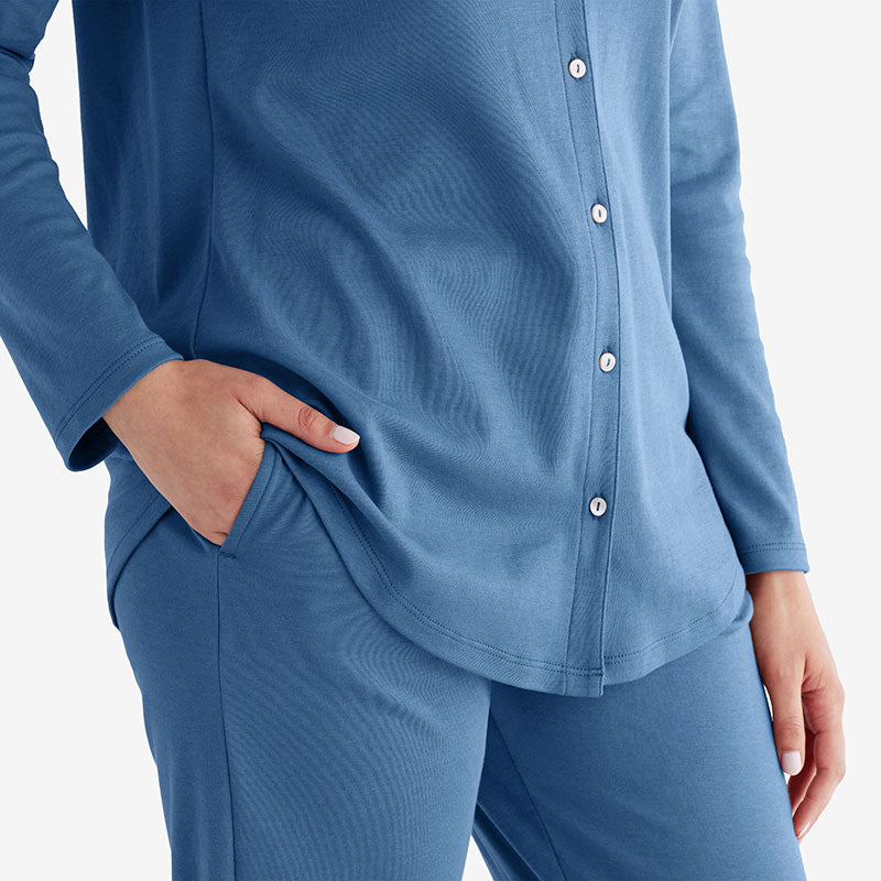 Pima Cotton Women's Button-Down Pajama Set - Blue Denim, S