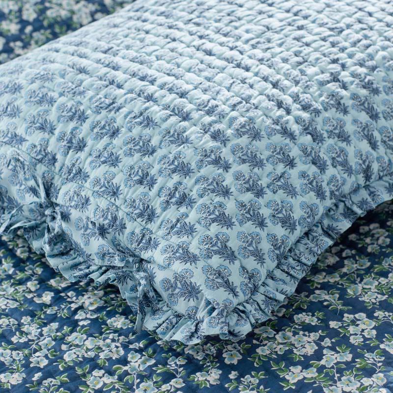 Suhana Reversible Ruffle Quilted Sham - Blue, Euro