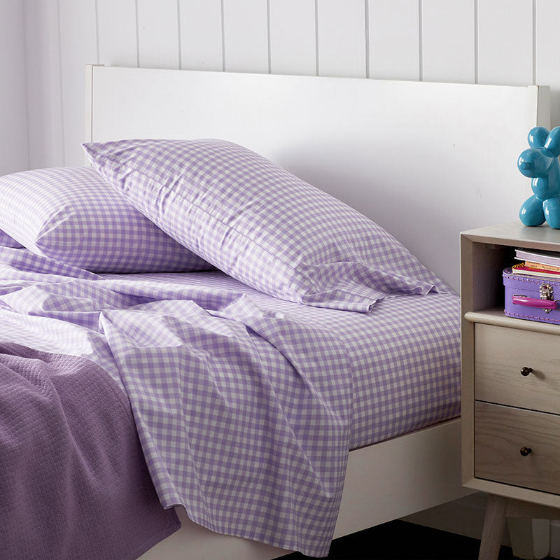 Gingham Classic Cool Organic Cotton Percale Bed Sheet Set - Lilac, Full