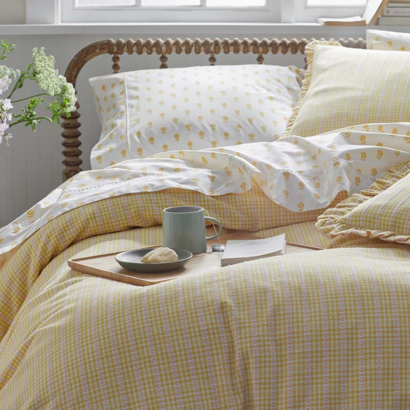 Mini-Prints Garment Washed Cotton Percale Bed Sheet Set - Flowers Yellow, Full