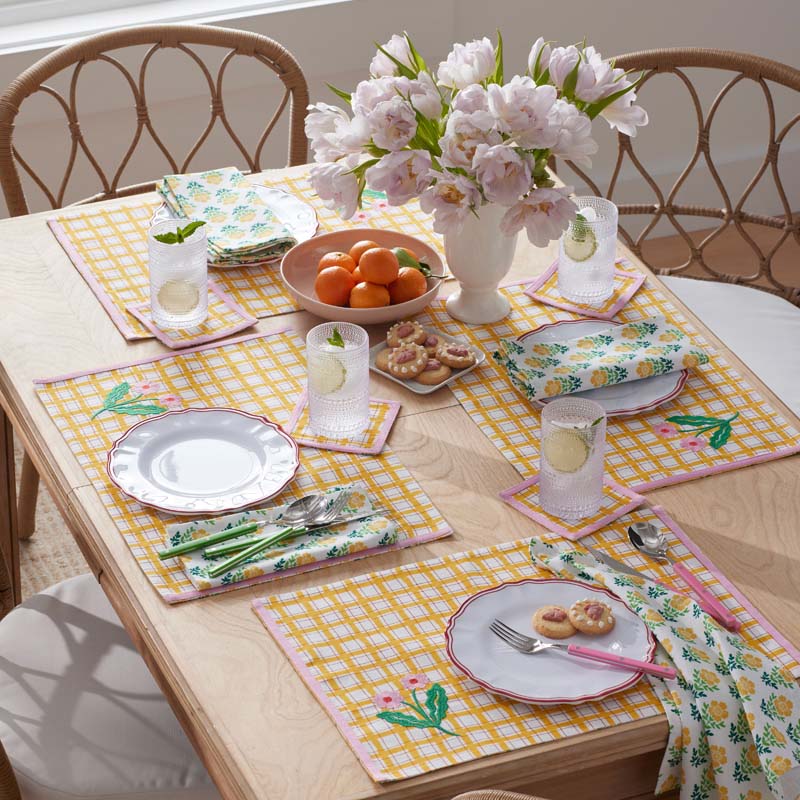 Floral Plaid Reversible Cocktail Napkins, Set of 4 - Yellow