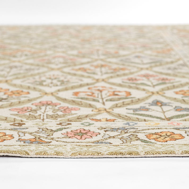 Floral Border Hand Tufted Wool Rug -  Green Multi, 5' x 8'