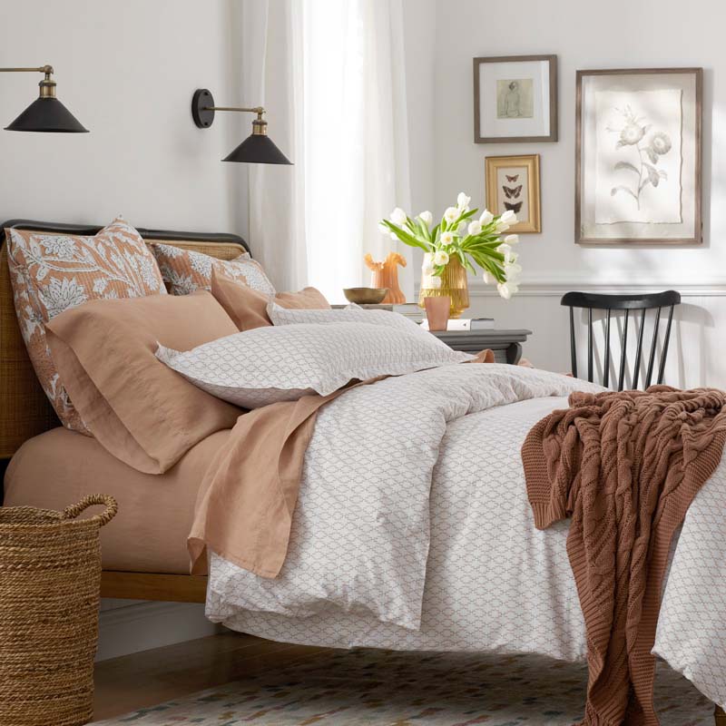 Feliciana Geo Garment Washed Cotton Percale Fitted Bed Sheet - Clay, Queen