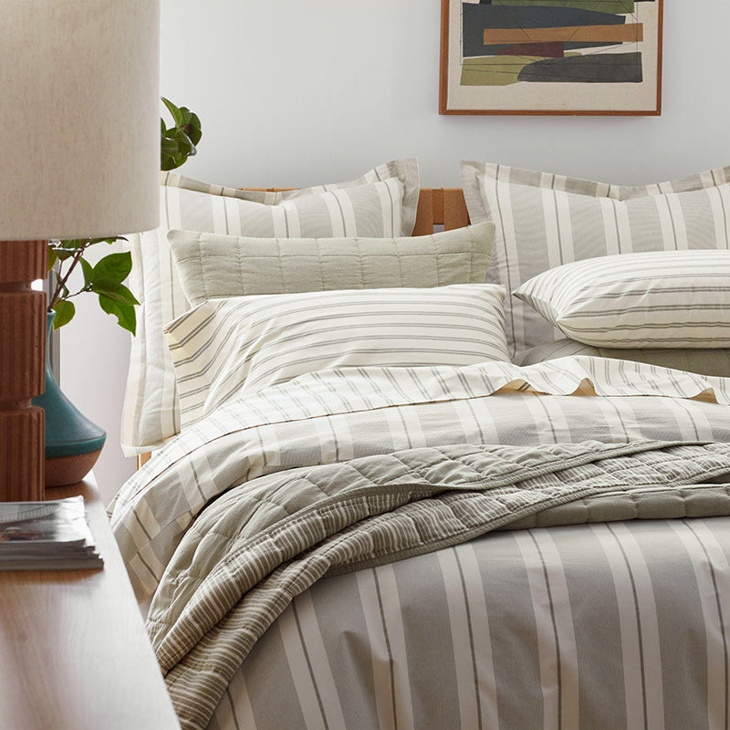 Tailored Stripes and Plaids Classic Cool Cotton Percale Fitted Bed Sheet - Narrow Stripe Moss Green, Full