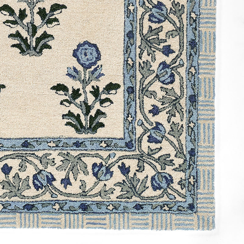 Floral Border Hand Tufted Wool Rug -  Blue, 2' x 3'