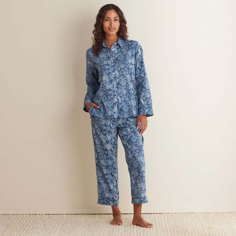 Printed Voile Women's Cropped Pajama Set - Indigo Floral, L