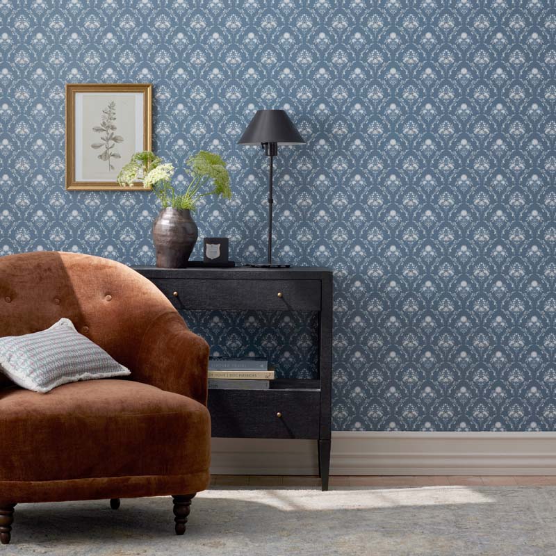 Floral Medallion Traditional Wallpaper - Blue, Roll