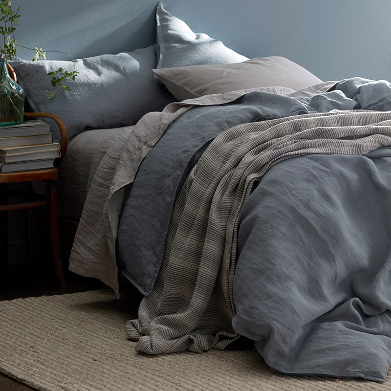 Premium Breathable Washed Linen Solid Flat Bed Sheet - Dusty Blue, Full