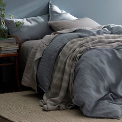 Premium Breathable Washed Linen Solid Fitted Bed Sheet - Dusty Blue, Queen