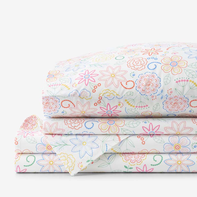 Floral Dream Classic Cool Organic Cotton Percale Bed Sheet Set - White Multi, Twin