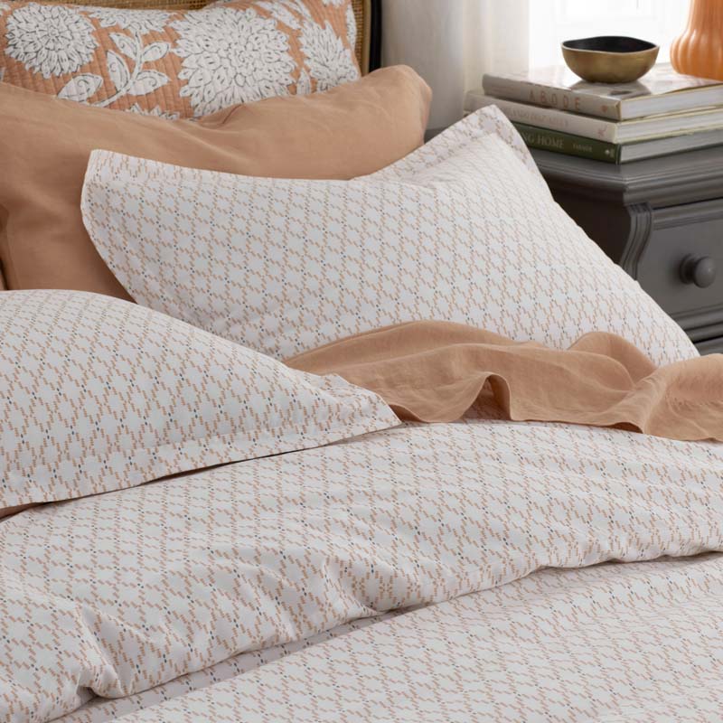 Feliciana Geo Garment Washed Cotton Percale Flat Bed Sheet - Clay, Queen