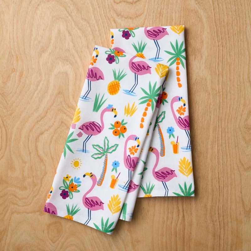 Seasonal Printed Tea Towels, Set of 2 - Flamingo and Palms