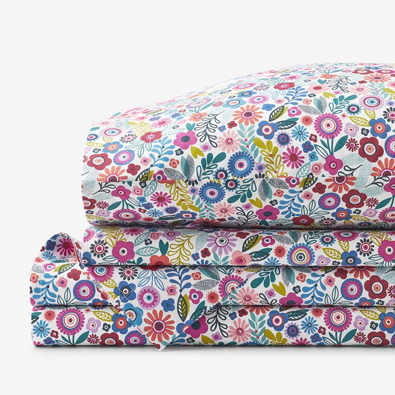 Joyful Mini Flower Classic Cool Organic Cotton Percale Bed Sheet Set - White Multi, Queen