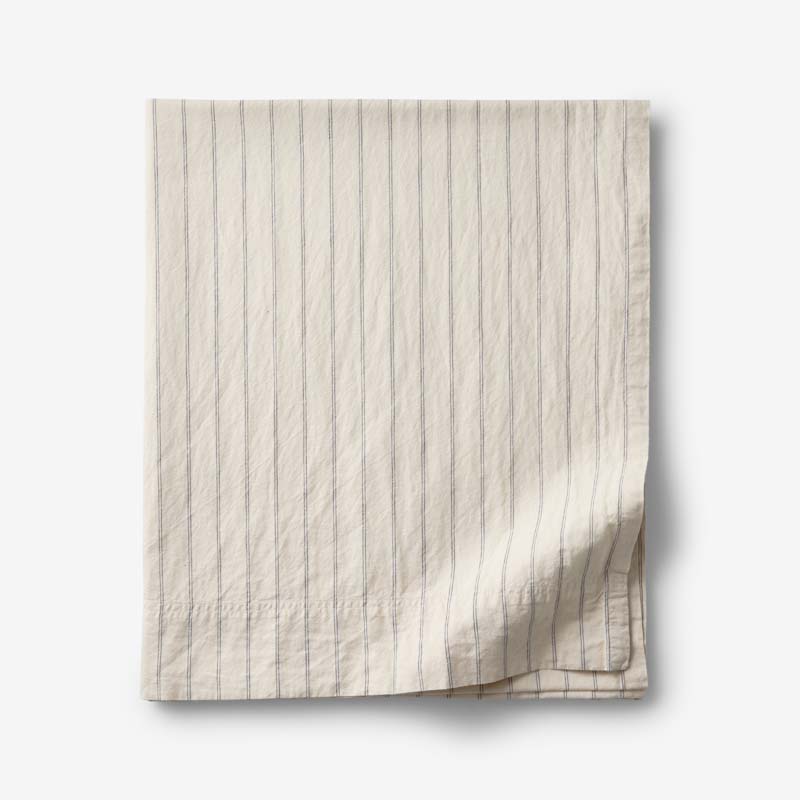 Tailored Stripes and Plaids Premium Breathable Washed Linen Cotton Flat Bed Sheet - Stripe Deep Navy, King/Cal. King