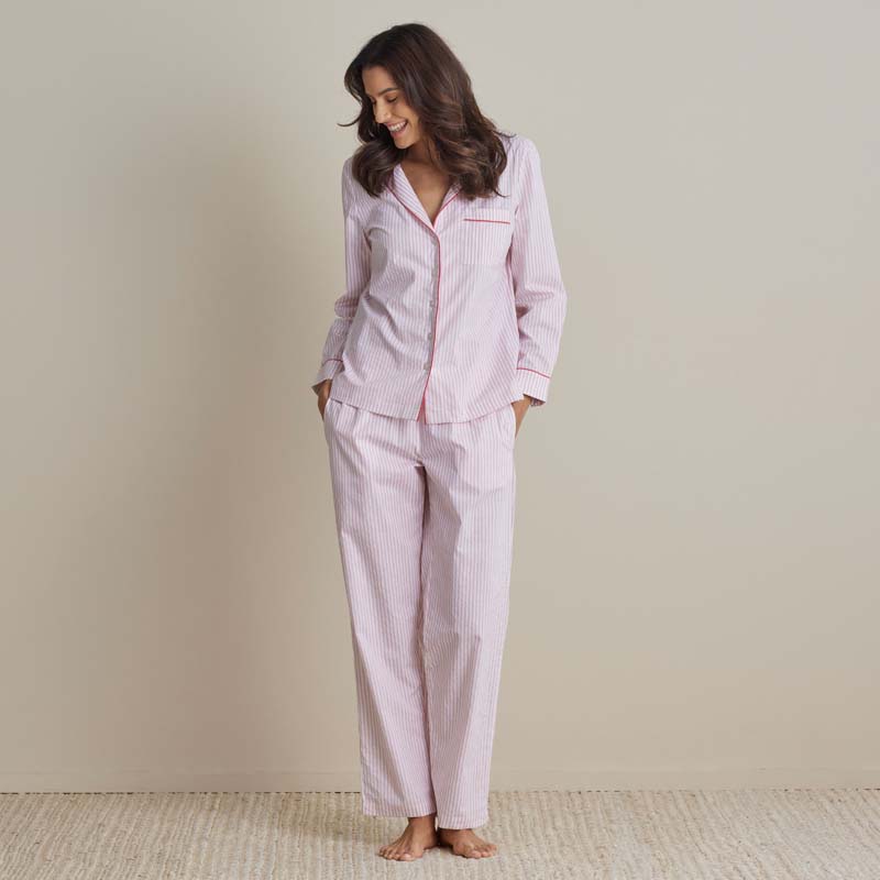 Printed Poplin Women's Button-Down Pajama Set - Blush Stripe, S
