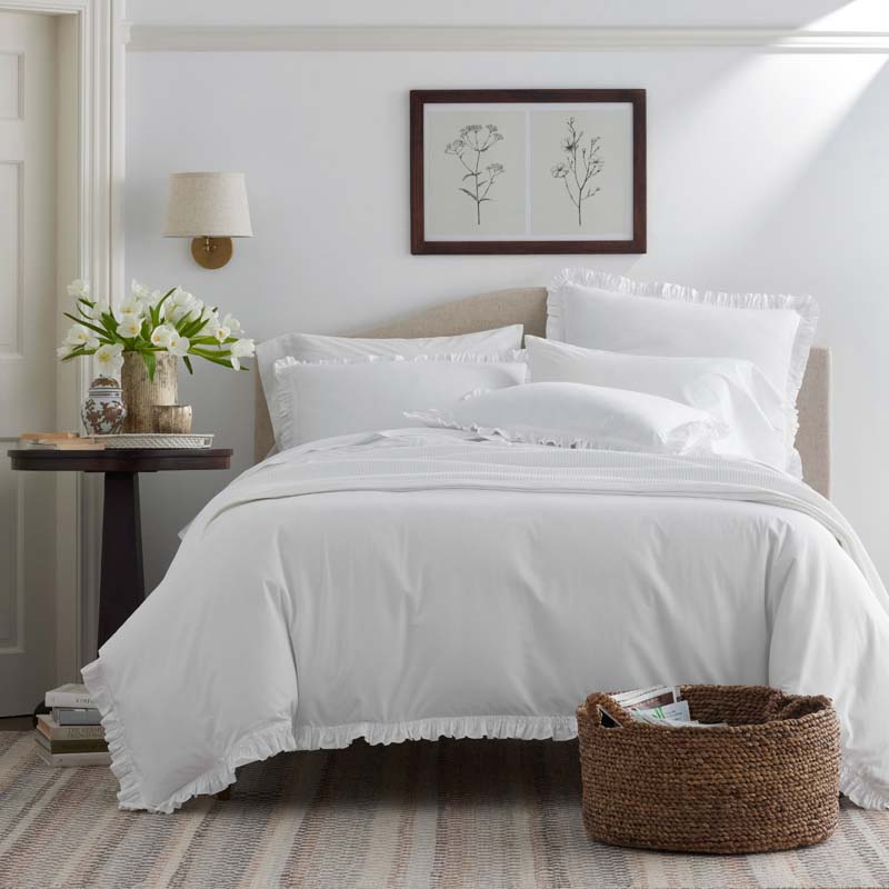 Solid Ruffle Garment Washed Cotton Percale Bed Sheet Set - White, Queen