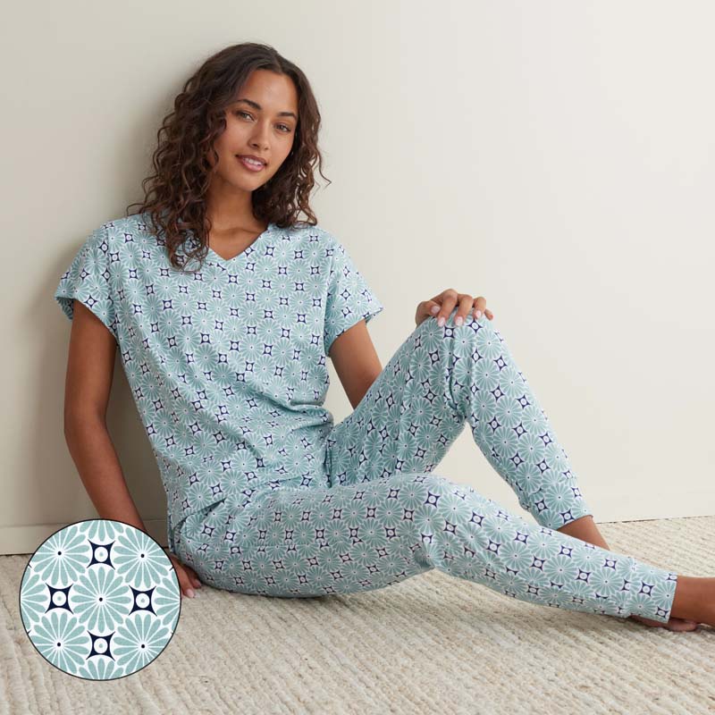 Printed Peruvian Cotton Women's Jogger Pants Pajama Set - Cool Daisy, XS
